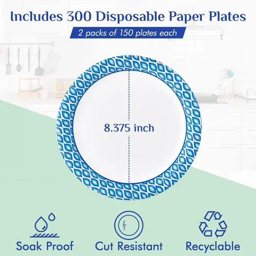Miniatura 3 de MUCHII Platos desechables de papel de 8.375 pulgadas, 300 unidades de platos de papel impresos a prueba de remojo y cortes para uso diario