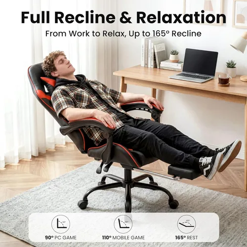 Miniatura 4 de Silla de juegos, silla ergonómica para computadora con reposapiés y soporte lumbar, silla de oficina de altura ajustable con asiento giratorio