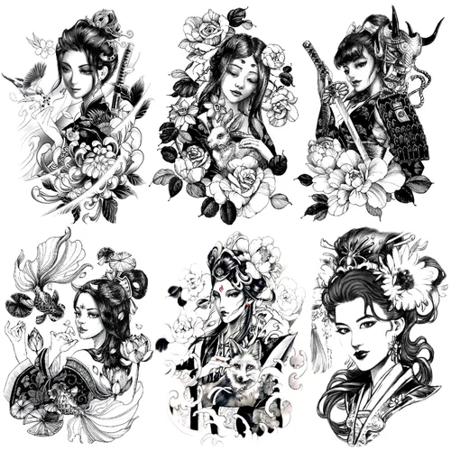 6 hojas de tatuajes temporales de geisha japonesas para mujer, color blanco y negro, Samurai Fox Koi, impermeables, tatuajes falsos para mujeres