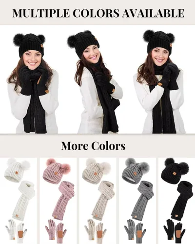 Miniatura 6 de Conjunto de gorro, bufanda y guantes de invierno para mujer, gorro con forro polar con doble pompón, guantes para pantalla táctil, bufanda de punto