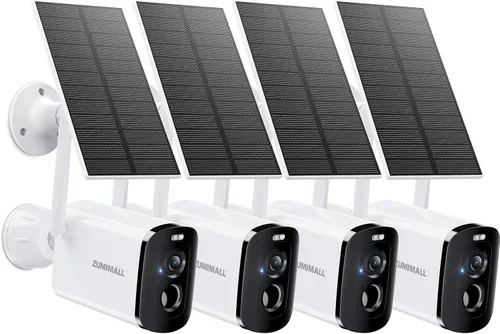 ZUMIMALL Cámaras de seguridad solares inalámbricas para exteriores, 4 paquetes, cámara 2K para seguridad del hogar con visión nocturna a color, WiFi