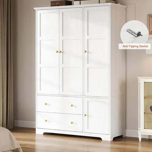 Miniatura 7 de ONBRILL - Armario de madera con 3 puertas para recámara, con estante extraíble para pantalones, armario de gran capacidad con cajones y estantes