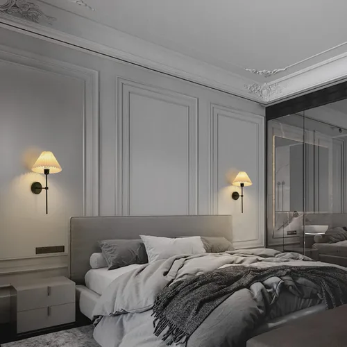 Miniatura 9 de Juegos de 2 apliques de pared, pantalla de lámpara de tela plisada blanca, lámpara de pared negra mate, iluminación de pared con soporte de columna