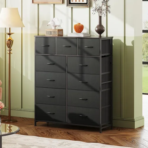 Miniatura 4 de WLIVE Cómoda alta para dormitorio, torre de almacenamiento de aparadores de tela, cómoda y cómoda con 11 cajones, armario de almacenamiento, Negro