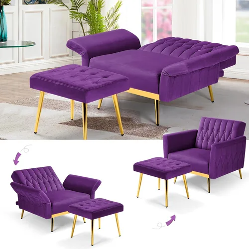 Miniatura 5 de Silla de terciopelo Accent con apoyabrazos y respaldo ajustables, sillón de ocio con botones acolchados, sillón reclinable individual con otomano