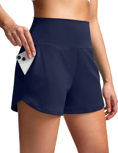 Miniatura 23 de Soothfeel Pantalones cortos deportivos de cintura alta para mujer, 3.5 pulgadas, control de abdomen, cómodos, para entrenamiento, gimnasio