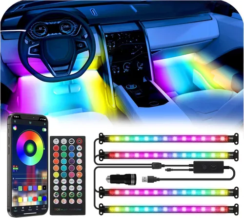 Luces LED para accesorios de automóvil, RGB+IC 48 luces LED para interior del automóvil, tira de luz de 16 millones de colores, control remoto por