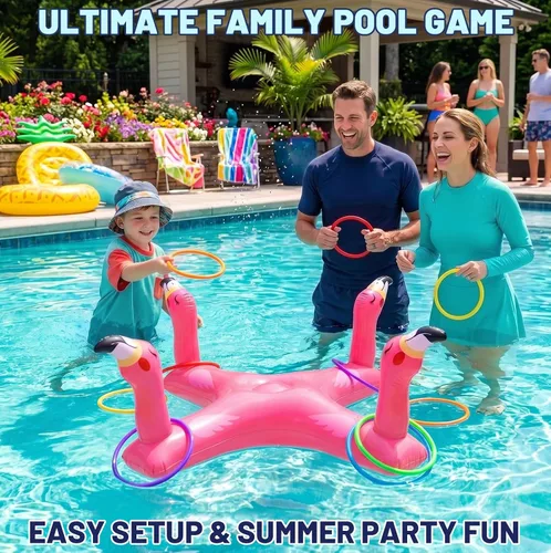 Miniatura 2 de Uniqhia Anillo inflable para piscina con 6 anillos, juego de piscina flotante de tiburón y flamenco con 6 anillos, juegos de piscina para niños
