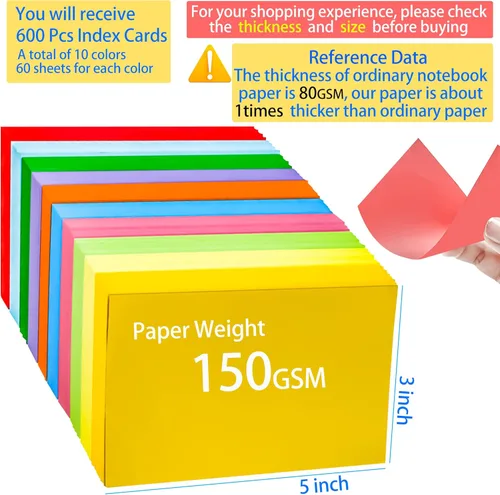 Miniatura 2 de 600 tarjetas de índice de colores en blanco de 3 x 5 pulgadas, tarjetas flash en blanco, tarjetas de notas en blanco, bloc de tarjetas coloridas