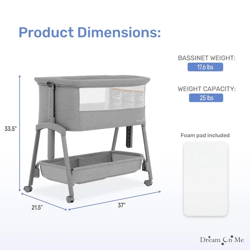 Miniatura 3 de Dream On Me Calypso - Moisés portátil con ruedas, altura ajustable, moisés plegable para bebé con laterales de malla transpirable, colchón de Gris