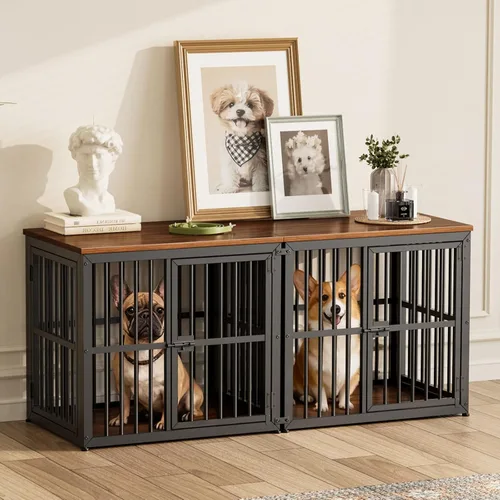Miniatura 17 de Lyromix 94.48'' Mueble de jaula para perros de raza grande con soporte para TV de dos habitaciones, mesa auxiliar de jaula para perros de madera