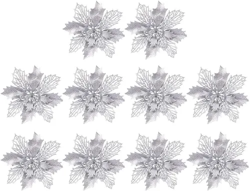 10 flores artificiales de Navidad de flor de pascua, lentejuelas con purpurina, adornos para árbol de Navidad, decoraciones de flor de pascua para