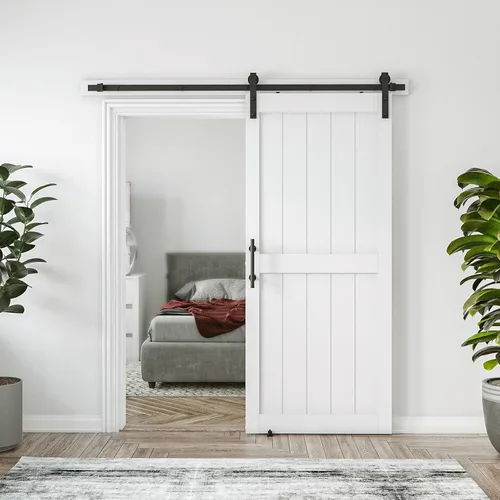 Miniatura 9 de Puerta corrediza de granero MDF de 30 x 80 pulgadas con kit de herrajes para puerta de granero de 5 pies, losa para puerta de granero con superficie