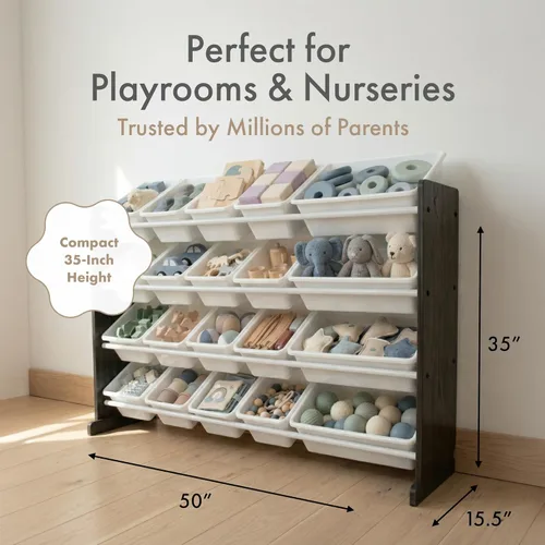 Miniatura 6 de Humble Crew Organizador de juguetes extra grande con 20 contenedores de plástico – Estantería de almacenamiento blanco/espresso con estantes de 4