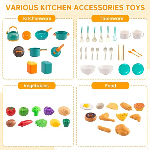 Miniatura 4 de 60 piezas de accesorios de cocina de juego para niños, juego de cocina simulada con ollas y sartenes, vajilla y conjuntos de frutas y barbacoa, Verde