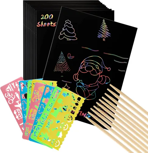 Miniatura 5 de ZEAYEA Juego de 200 piezas de papel para rascar, papel mágico para raspar con 10 lápices ópticos, 8 plantillas, notas negras para raspar para niños