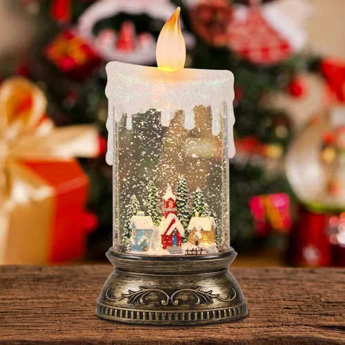 Miniatura 8 de GenSwin Vela de Globo de Nieve de Navidad, Vela Brillante Giratoria con Temporizador, Música y 3 Escenas de Muñeco de Nieve, Linterna