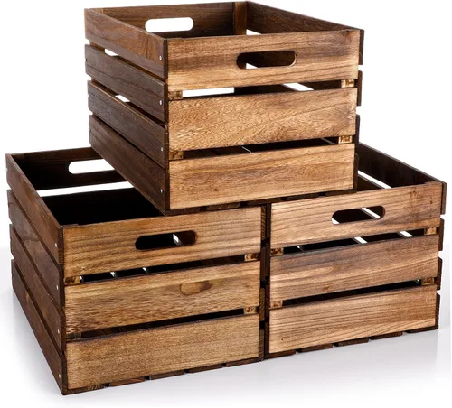 Miniatura 12 de Weysat Paquete de 3 cajas grandes de madera para almacenamiento, 16 x 12 x 9.5 pulgadas, cajas de madera sin ensamblar con asa, caja decorativa