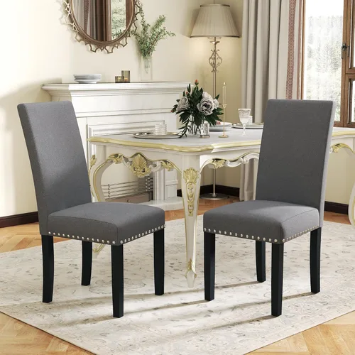 LSSPAID Juego de 2 sillas de comedor tapizadas de tela con ribete de cabeza de clavo y patas de madera maciza para el hogar y la cocina, color gris