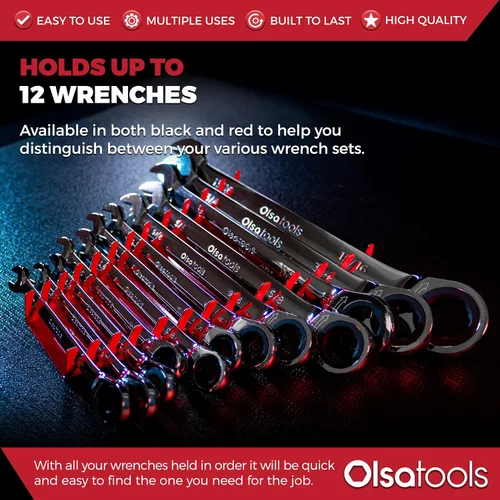 Miniatura 3 de Olsa Tools Organizador de llaves magnéticas de 12 piezas - Estante rechoncho montado en la pared - Bandeja de herramientas roja para tamaños SAE