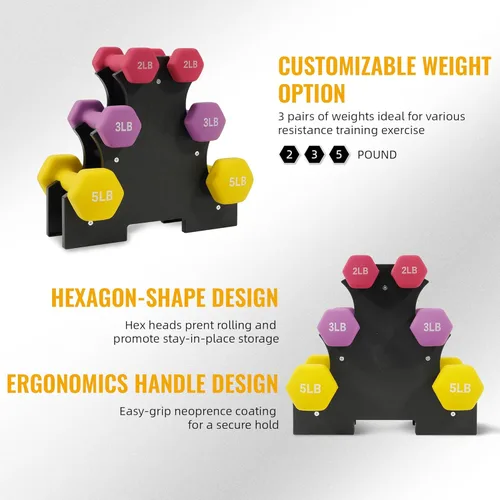 Miniatura 3 de Fitvids Neoprene Coated Dumbbell Set with Rack, Free Hand Weight Set For Home Gym Workout, Anti-Slip, Anti-roll, 20LBS, 32LBS, 50LBS and 56LBS Sets