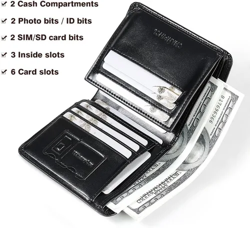 Miniatura 5 de Billetera de piel triple con bloqueo RFID para hombre con 2 ventanas de identificación, 2 compartimentos para efectivo, 6-8 ranuras para tarjetas