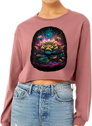 Flower Graphic Cropped Long Sleeve T-Shirt - Cute Lotus Women's T-Shirt - Graphic Long Sleeve Tee