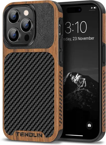 Miniatura 14 de TENDLIN Funda Magnética Compatible con iPhone 14 Plus Funda de Madera con Textura de Fibra de Carbono Diseño Híbrido de Cuero Cubierta Delgada Negro