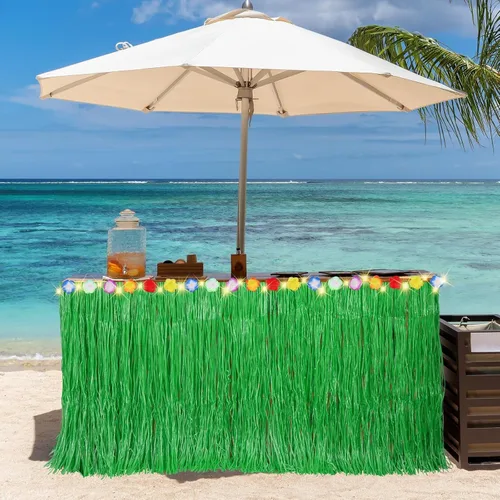 Miniatura 7 de Aneco 2 faldas de mesa de césped Luau de 9 pies x 30 pulgadas con cadena de luz LED, falda de mesa hawaiana iluminada, falda de hierba iluminada