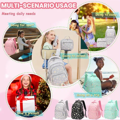 Miniatura 6 de YJMKOI Mochila con estampado de margaritas para niñas de secundaria y primaria, juego de mochila con lonchera (negro)