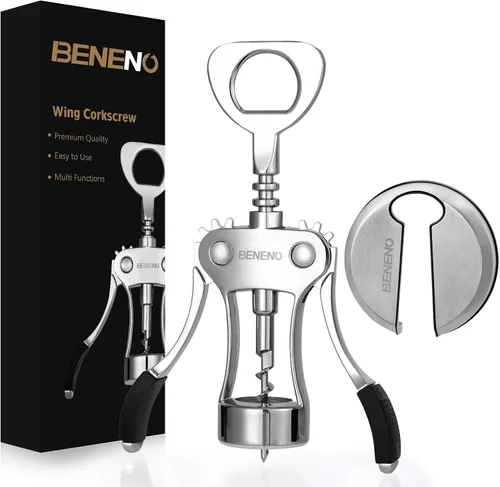 Beneno Abridor de vino con cortador de papel de vino de acero inoxidable, cortador de sellado superior de botella, sacacorchos de ala de aleación de