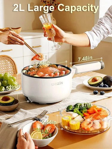 Miniatura 5 de Dezin Olla eléctrica con vaporera, sartén antiadherente para saltear de 2 L, olla eléctrica multifuncional 5 en 1 para bistec, arroz frito, avena