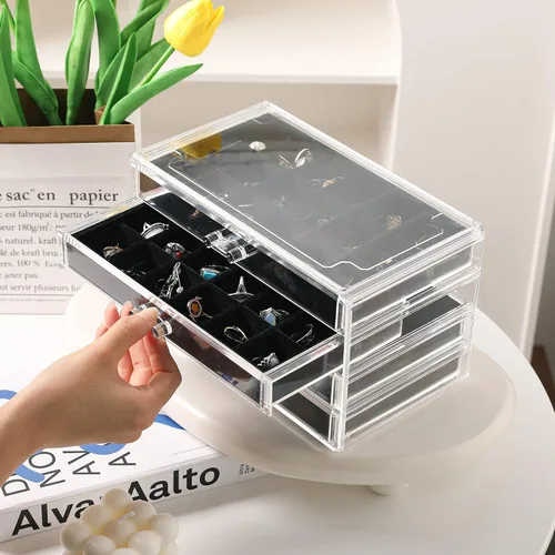 Miniatura 5 de Frebeauty Caja organizadora de aretes caja de joyería acrílica con 4 cajones organizador de joyas transparente con bandejas de terciopelo anillos