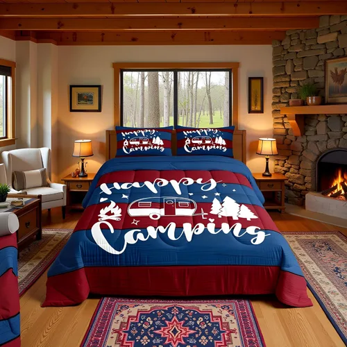 Miniatura 26 de Juego de Edredón para Acampar Feliz para Niños Tamaño Individual, Juego de Ropa de Cama Rústica de Aventura de Granja y Cabaña, Decoración