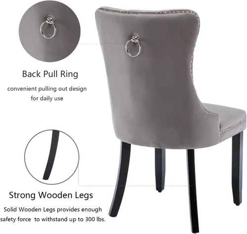 Miniatura 5 de Shenyon Juego de 2 Sillas de Comedor de Terciopelo Gris, Sillas de Comedor Tapizadas con Ribete de Anilla Trasera y Patas de Madera Maciza, Sillas