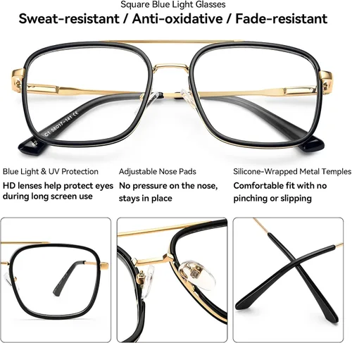 Miniatura 3 de Dollger Lentes cuadrados de luz azul para hombres y mujeres, aviador, bloqueo de luz azul, retro, marco matal, para computadora, juegos, nerd
