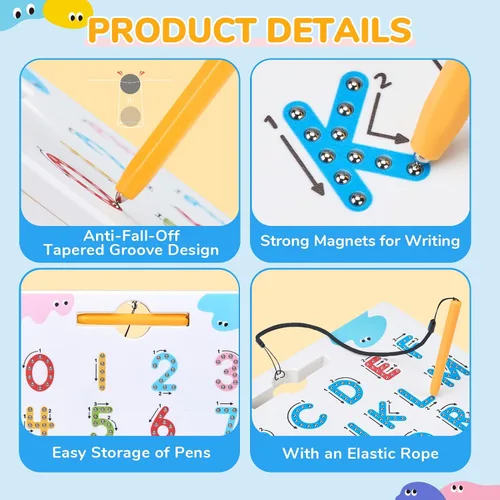 Miniatura 5 de JoyCat Juego de tableros magnéticos de letras y números para trazar, tablero doble cara de alfabeto y números para niños pequeños, práctica de ABC