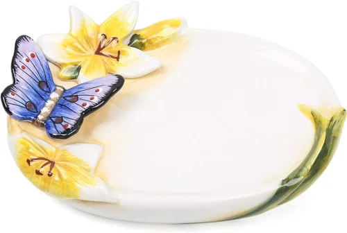 Miniatura 3 de Jabonera de cerámica, para baño, bañera y fregadero de cocina, diseño 3D de mariposa y lirio