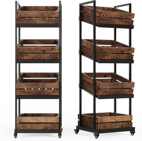 Miniatura 11 de LITTLE TREE Soporte de Cesta de 3 Niveles, Unidad de Estantería de Pie de Madera, Organizador de Almacenamiento Rústico de Pie para Cocina, Baño