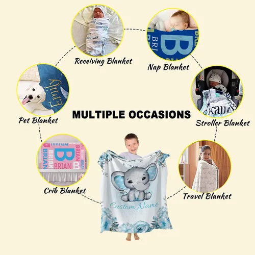 Miniatura 6 de Manta personalizada de elefante azul floral con nombre para niñas, manta con nombre personalizado para niños pequeños, regalos personalizados