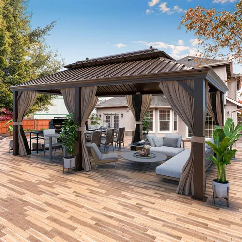 Miniatura 29 de YOLENY Cenador de techo duro de 10 x 13 pies, toldo de policarbonato para exteriores con techo doble, pabellón permanente de aluminio con cortinas