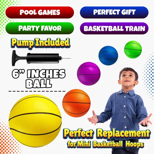 Miniatura 6 de Mini Basketball Set for Kids - 6 Inch (5 Pack) w/Hand Pump - Small Size Indoor Mini Hoop Balls for Toddlers - Over The Door Basketball Games, Indoor
