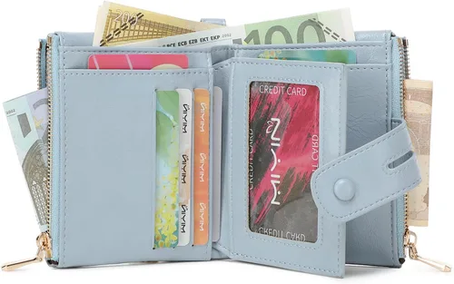 Miniatura 2 de AOXONEL Billeteras pequeñas de cuero plegable Rfid para mujer, billetera de viaje tamaño mediano con cadena de muñeca extraíble, ranuras