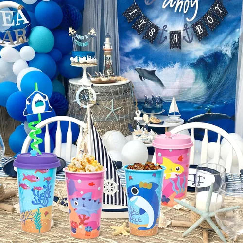 Miniatura 5 de Lidmada Vasos de regalo con tapas para fiestas de tiburón, paquete de 24 tazas de fiesta de cumpleaños en 4 colores, 16 onzas de plástico