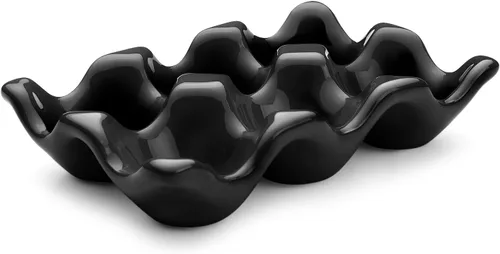 Miniatura 21 de Flexzion Organizador de huevos cerámico para nevera - Bandeja de huevos de 6 tazas, contenedor de porcelana para media docena, organizador de Gris