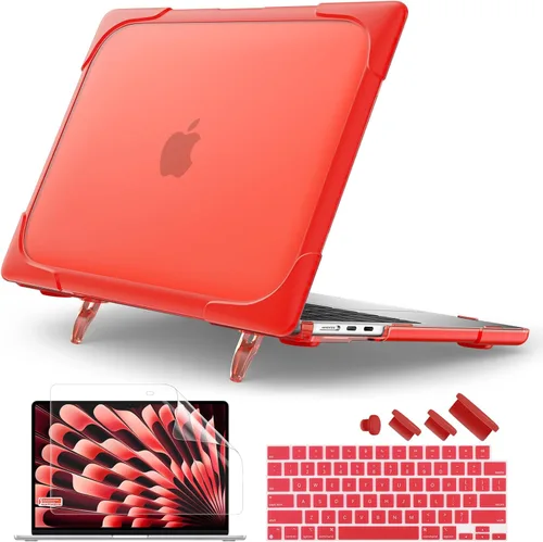 Batianda Funda resistente para MacBook Air de 15 pulgadas 2026 M5 2025 M4 2024 2023 versión modelo A3448/A3241/A3114/A2941, soporte plegable Rojo