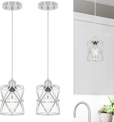 Miniatura 10 de DSMJFU - Paquete de 2 luces colgantes negras, iluminación colgante ajustable de vidrio transparente moderno para cocina, isla, dormitorio, baño