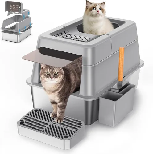 Miniatura 9 de Aphyxen Caja de arena de acero inoxidable con tapa, caja de arena para gatos extra grande cerrada para todos los gatos, diseño modular con tapa