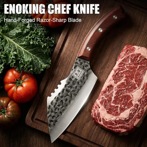 Miniatura 2 de ENOKING Cuchillo de chef forjado a mano de 6.1 pulgadas, cuchillo de carnicero de acero de alto carbono con funda de cuero, cuchillo de cocina