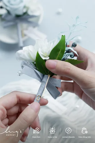 Miniatura 4 de Ling's moment Boutonniere para hombres, 2 piezas de novios, padrinos de boda, flores artificiales para bodas, bailes, regreso a casa, etc. Azul Azul